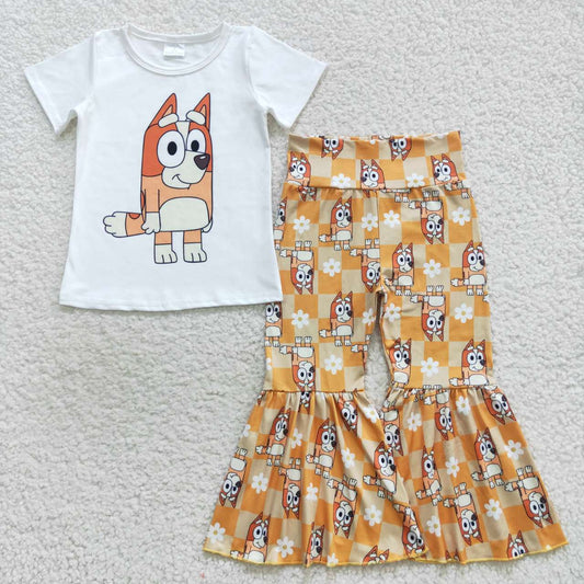 GSPO0860 Orange Yellow Dog Cartoon Girls Short Sleeve Bell Bottom Pants Outfits