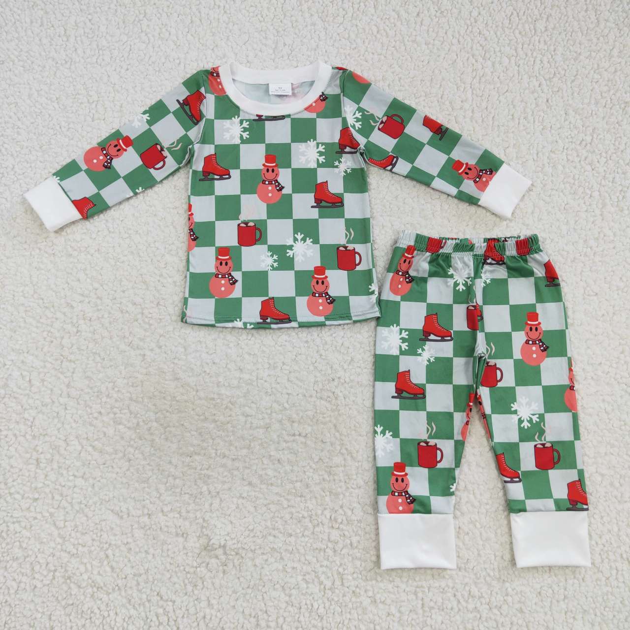 BLP0317 Christmas Green Plaid Snowman Snow Boys Long Sleeve Pants Outfits Pajamas