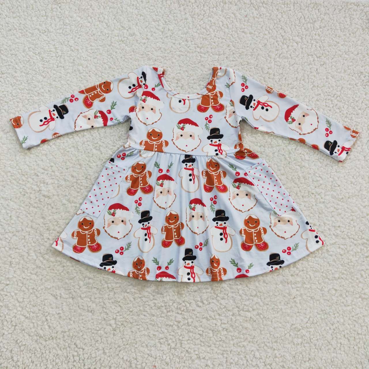 GLD0367 Christmas Red Santa Gingerbread Cartoon Girls Long Sleeve Dresses
