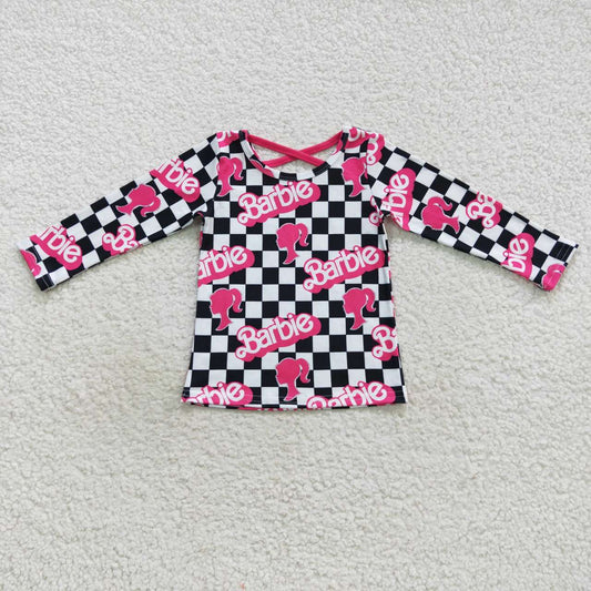 GT0287 B Cartoon Pink Plaid Girls Long Sleeve Top T-shirts