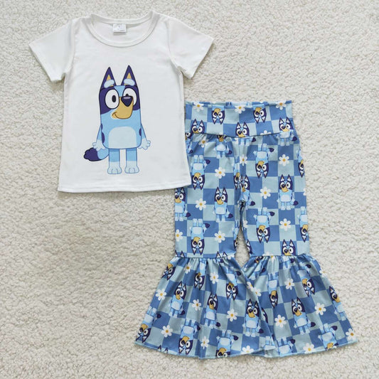 GSPO0861 Blue Dog Cartoon Girls Short Sleeve Bell Bottom Pants Outfits