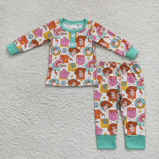 promotion BLP0279 Green Pink Pig Toy Cartoon Boys Long Sleeve Pants Outfits Pajamas