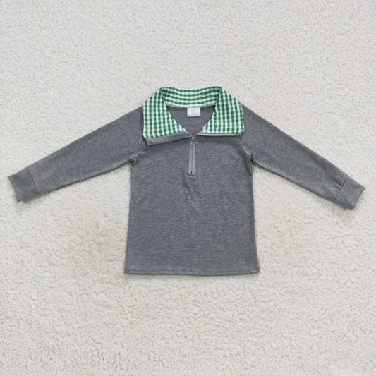 BT0281 Grey Green Plaid Winter Boys Long Sleeve Top Collar T-Shirts