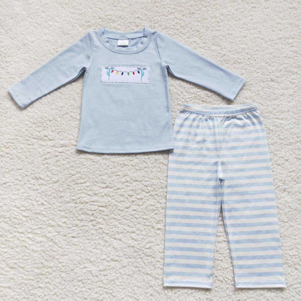 BLP0291 Christmas Blue Lamp Embroidery Boys Long Sleeve Pants Outfits