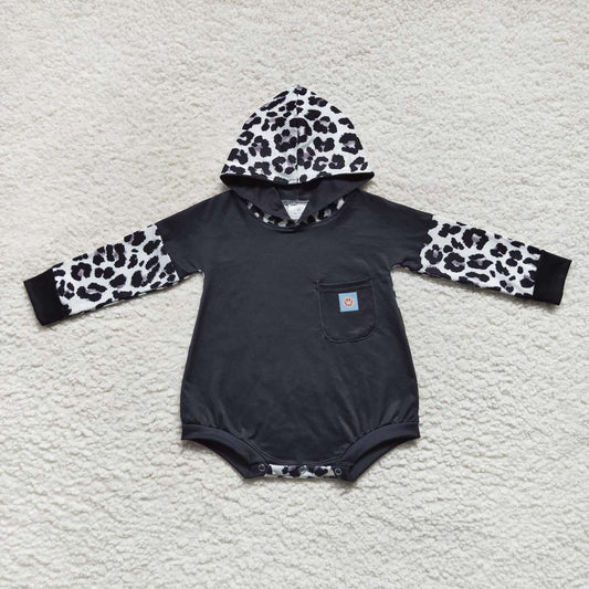 LR0594 Black Leopard Hoodies Girls Long Sleeve Romper