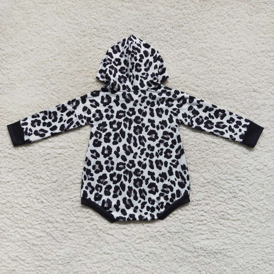 LR0594 Black Leopard Hoodies Girls Long Sleeve Romper