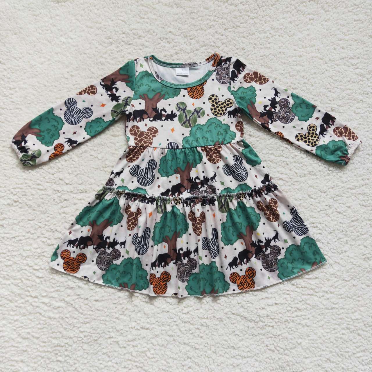 GLD0260 Green Leopard M Cartoon Girls Long Sleeve Dresses