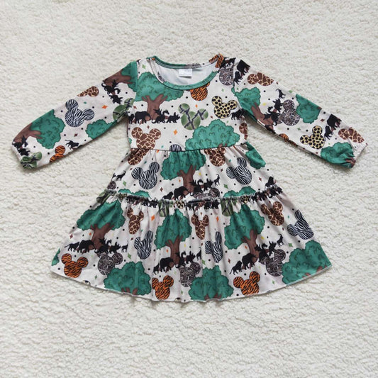 Promotion RTS GLD0260 Green Leopard M Cartoon Girls Long Sleeve Dresses