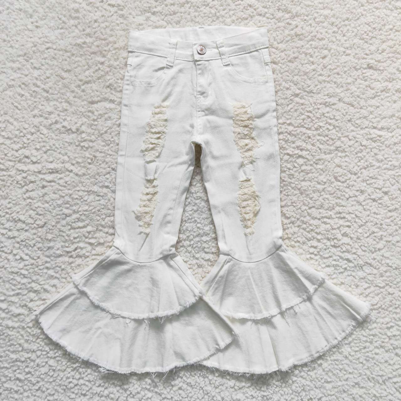 P0129 White Print Double Ruffles Denim Jeans