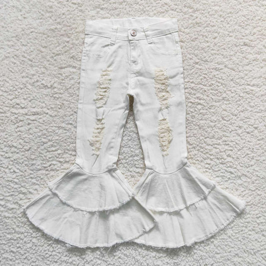 P0129 White Print Double Ruffles Denim Jeans