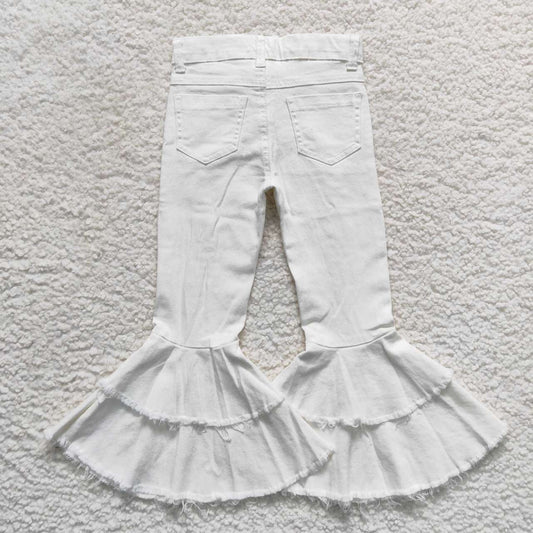 P0129 White Print Double Ruffles Denim Jeans