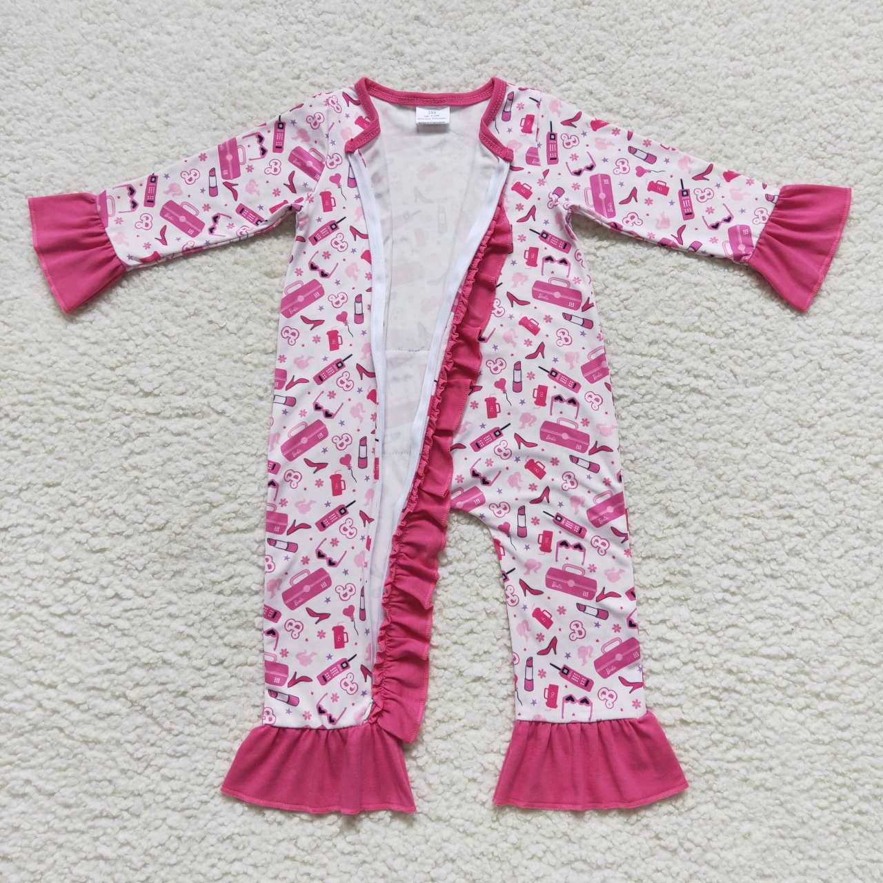 LR0600 Pink B Cartoon Zipper Girls Long Sleeve Romper