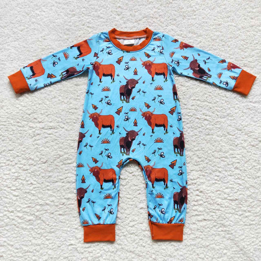 LR0635 Blue Orange Highland Cow Girls Long Sleeve Romper