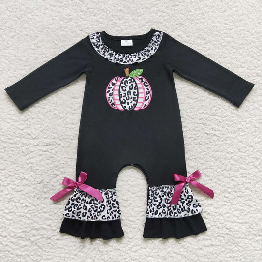 LR0618 Halloween Pumpkin Black Leopard Embroidery Girls Long Sleeve Romper
