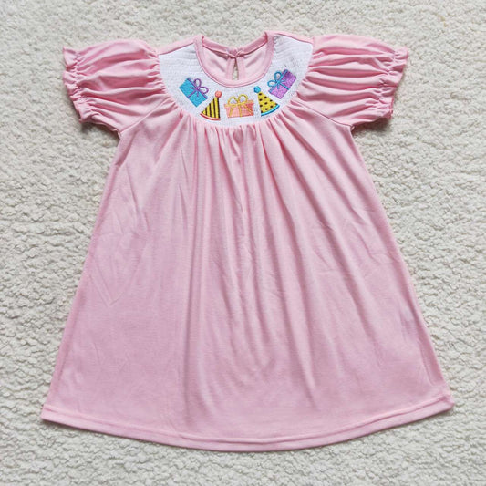 GSD0435 Pink Happy Birthday Embroidery Girls Short Sleeve Dresses