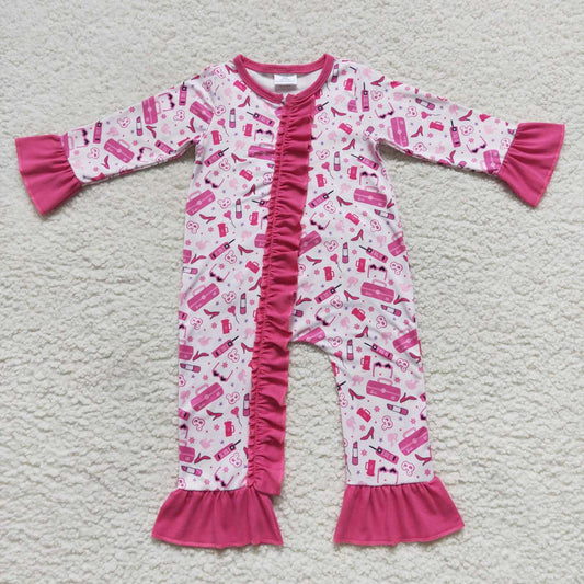 LR0600 Pink B Cartoon Zipper Girls Long Sleeve Romper