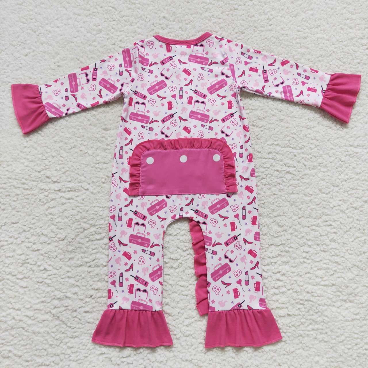 LR0600 Pink B Cartoon Zipper Girls Long Sleeve Romper