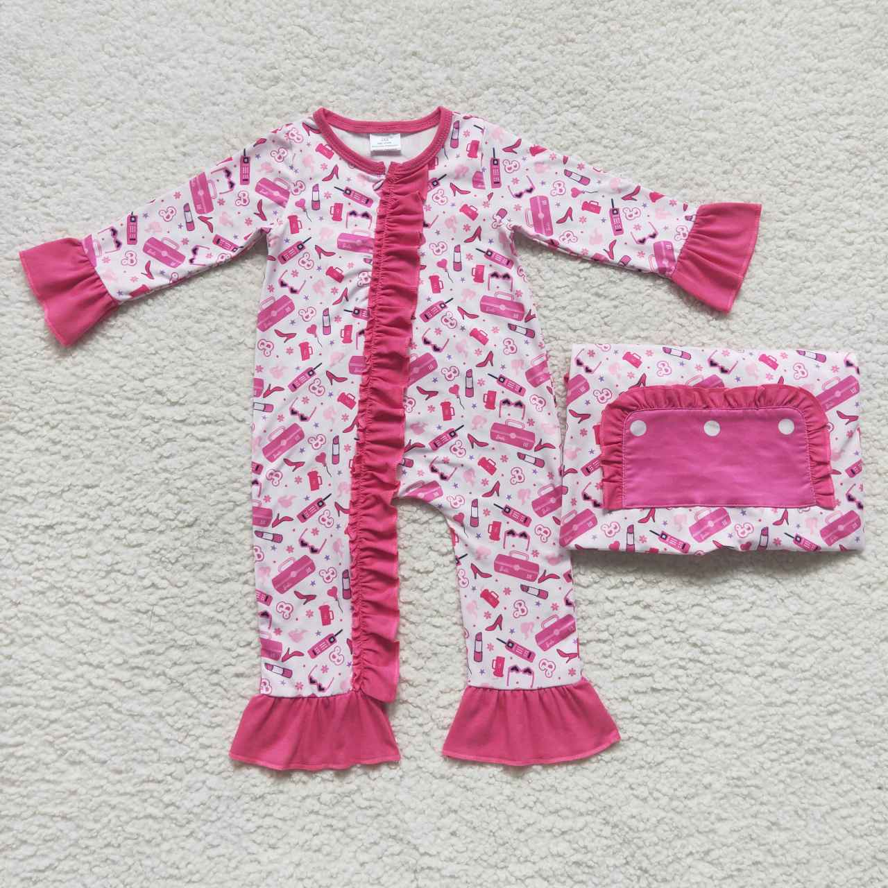 LR0600 Pink B Cartoon Zipper Girls Long Sleeve Romper