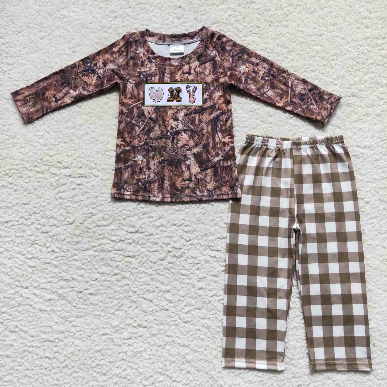 BLP0266 Thanksgiving Turkey Green Camo Hunt Deer Embroidery Boys Long Sleeve Pants Outfits