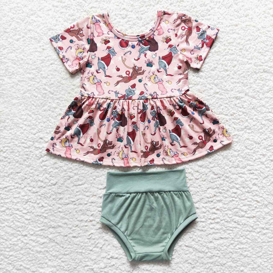 GBO0188 Christmas Pink Green Cartoon Girls Short Sleeve Bummies Outfits