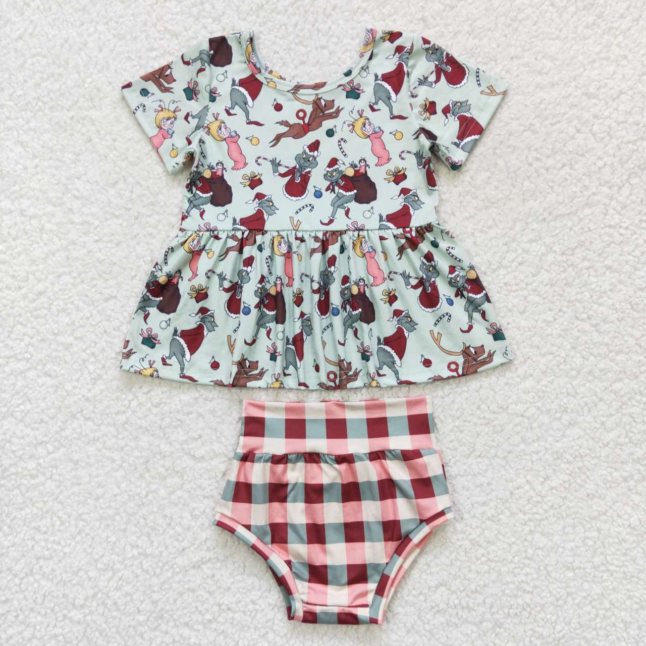 GBO0187 Christmas Pink Green Cartoon Girls Short Sleeve Bummies Outfits