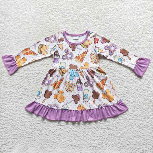 GLD0265 Purple M Cartoon Hambueger Girls Long Sleeve Dresses