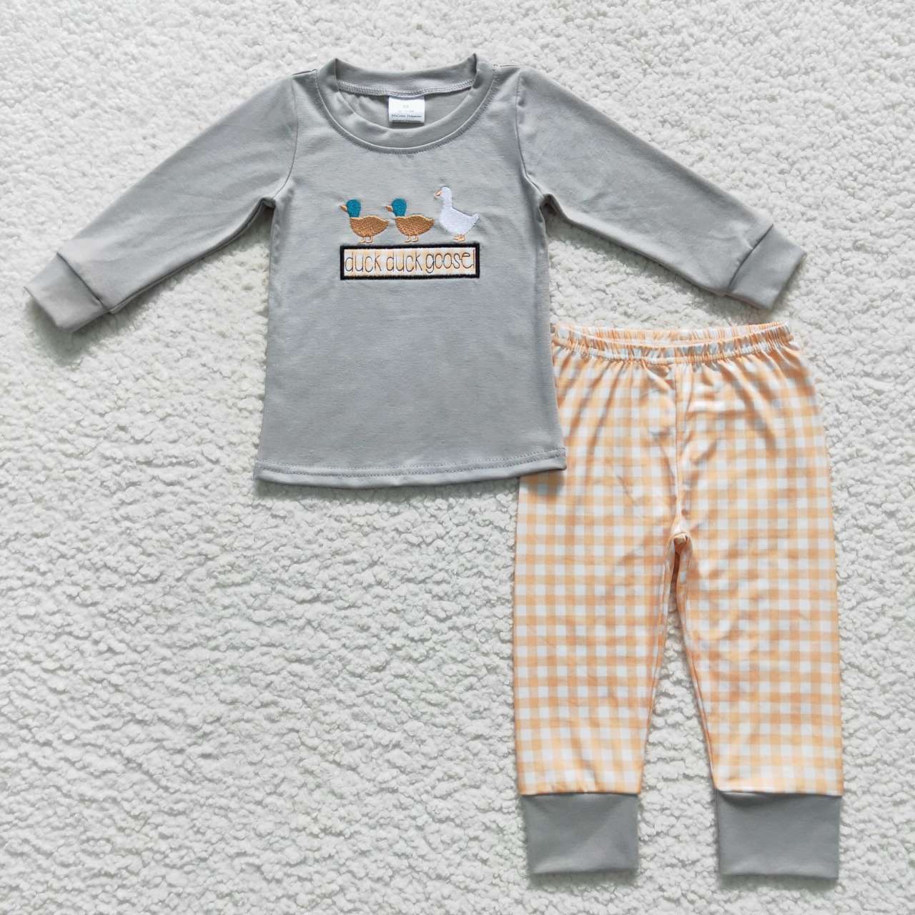 BLP0310 Grey Duck Goose Plaid Yellow Embroidery Boys Long Sleeve Pants Outfits