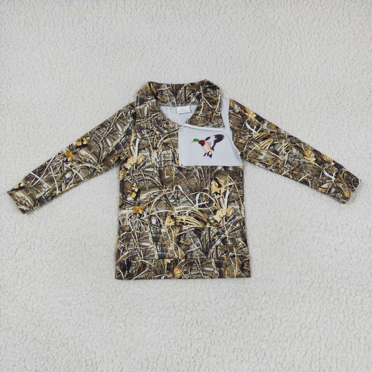 BT0332 Green Duck Bird Camo Boys Long Sleeve Top Collar Polo Pullover T-Shirts