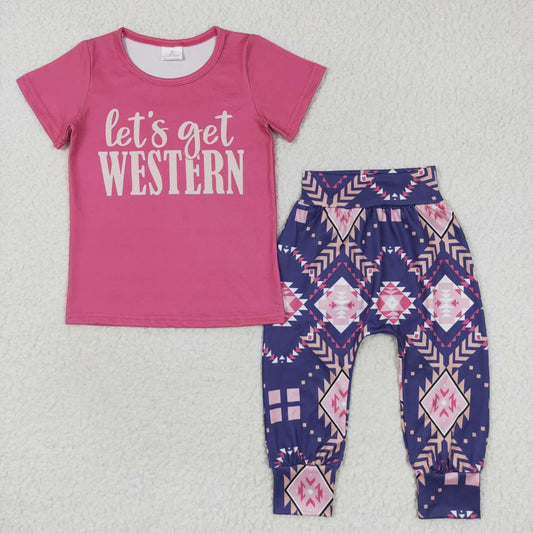 GSPO0727 Pink Purple Get Western Girls Short Sleeve Pants Outfits