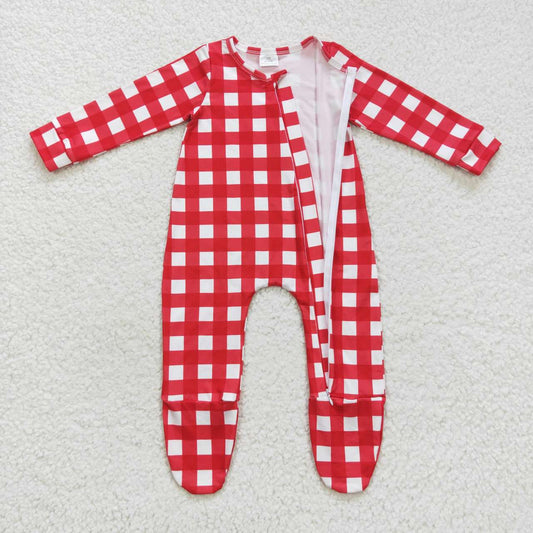 LR0549 Red Plaid Zipper Girls Long Sleeve Romper