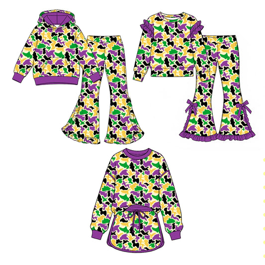 Preorder MOQ 5 pcs Each Style Mardi Gras Camo Ruffles Kids Matching Clothes 202609