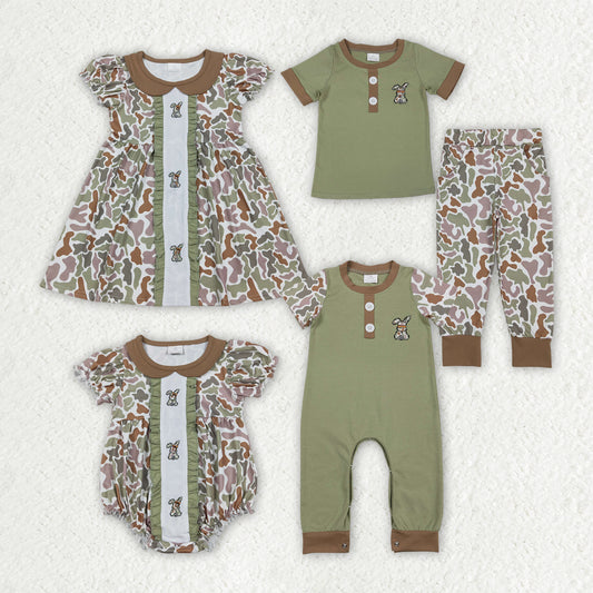 Sibling Matching Clothes Embroidered Easter Bunny Short Sleeve Sets Wear 202511 RTS