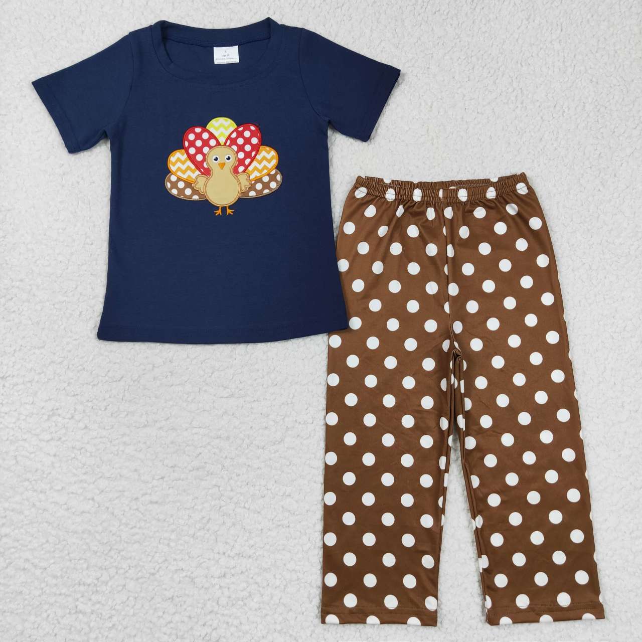 BSPO0162 Thanksgiving Turkey Blue Embroidery Boys Short Sleeve Pants Outfits