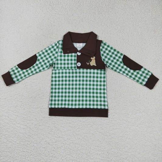 BT0301 Green Duck Dog Camo Embroidery Boys Long Sleeve Top Collar Polo Pullover T-Shirts