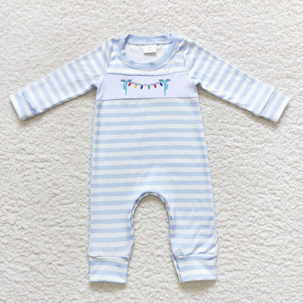 LR0583 Christmas Blue Leap Cartoon Embroidery Girls Long Sleeve Romper