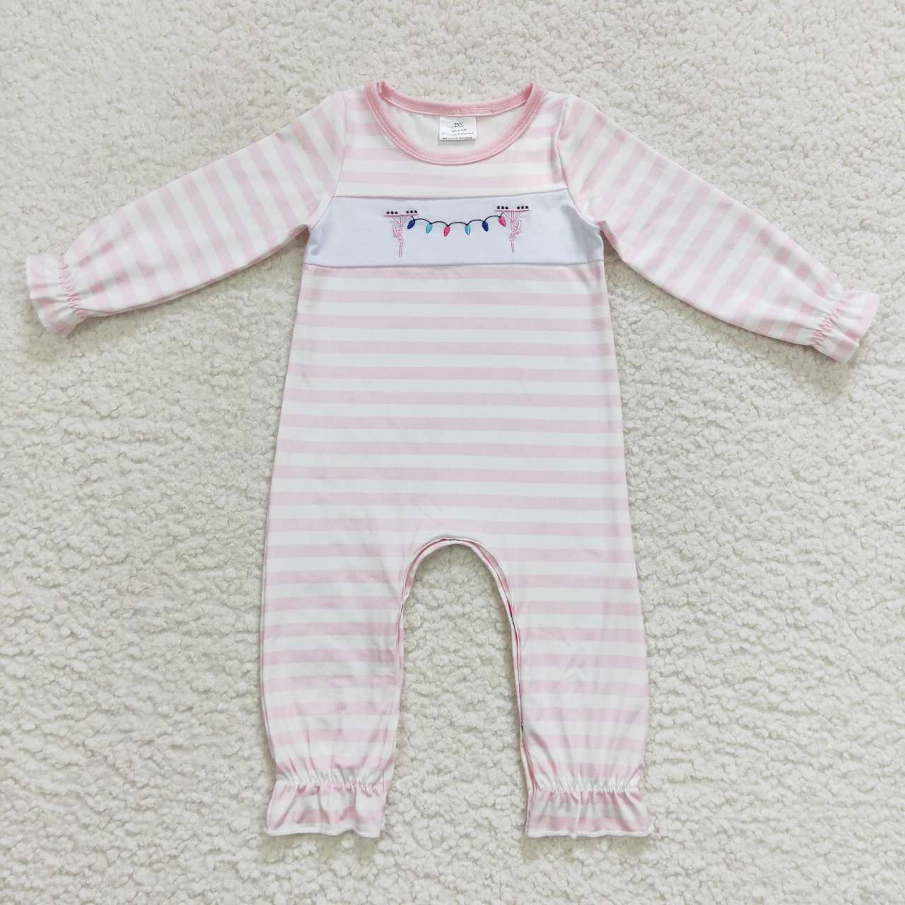 LR0582 Christmas Pink Leap Cartoon Embroidery Girls Long Sleeve Romper