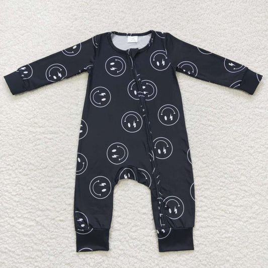LR0654 Black Smile Emoji Zipper Girls Long Sleeve Romper
