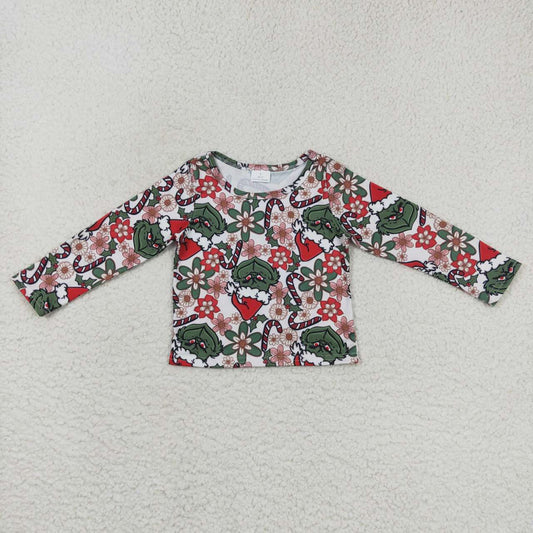 GT0326 Christmas Red Green Cartoon Boys Long Sleeve Top T-shirts