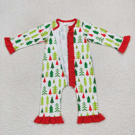 LR0626 Christmas Red Green Tree Zipper Girls Long Sleeve Romper