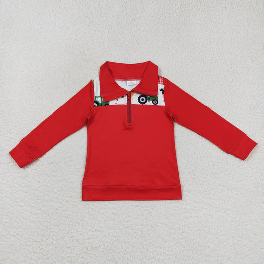 promotion RTS BT0347 Christmas Red Farm Boys Long Sleeve Top Collar Polo Pullover T-Shirts