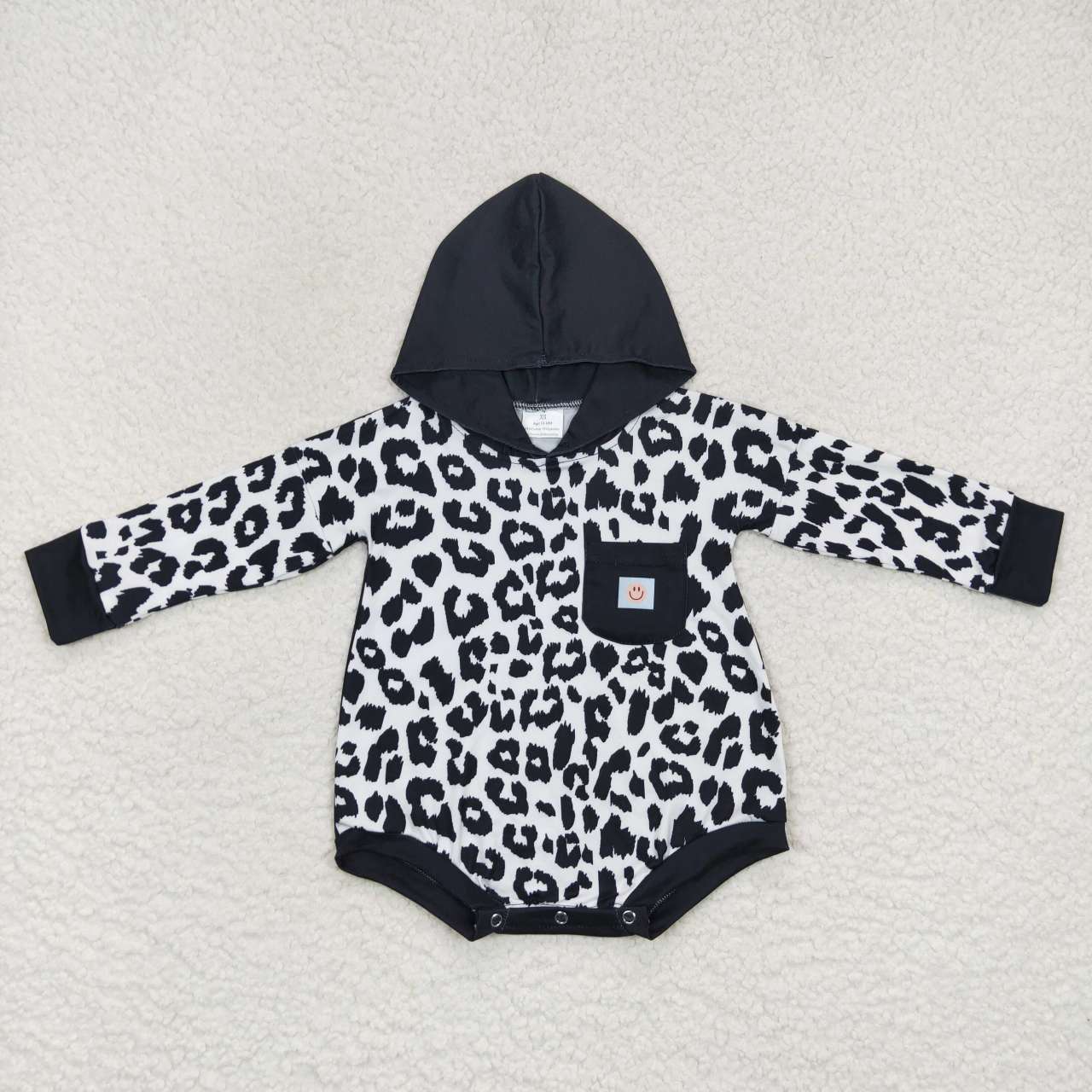 LR0595 Black Leopard Hoodies Girls Long Sleeve Romper