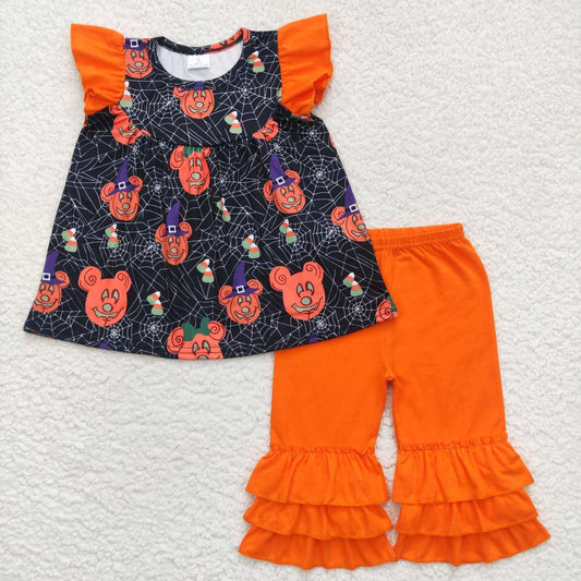 A4-13 Orange M Cartoon Girls Short Sleeve Bell Bottom Pants Outfits