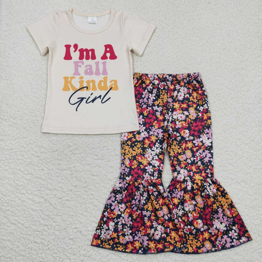 GSPO0862 I'm A Fall Kinda Girl Floral Girls Short Sleeve Bell Bottom Pants Outfits