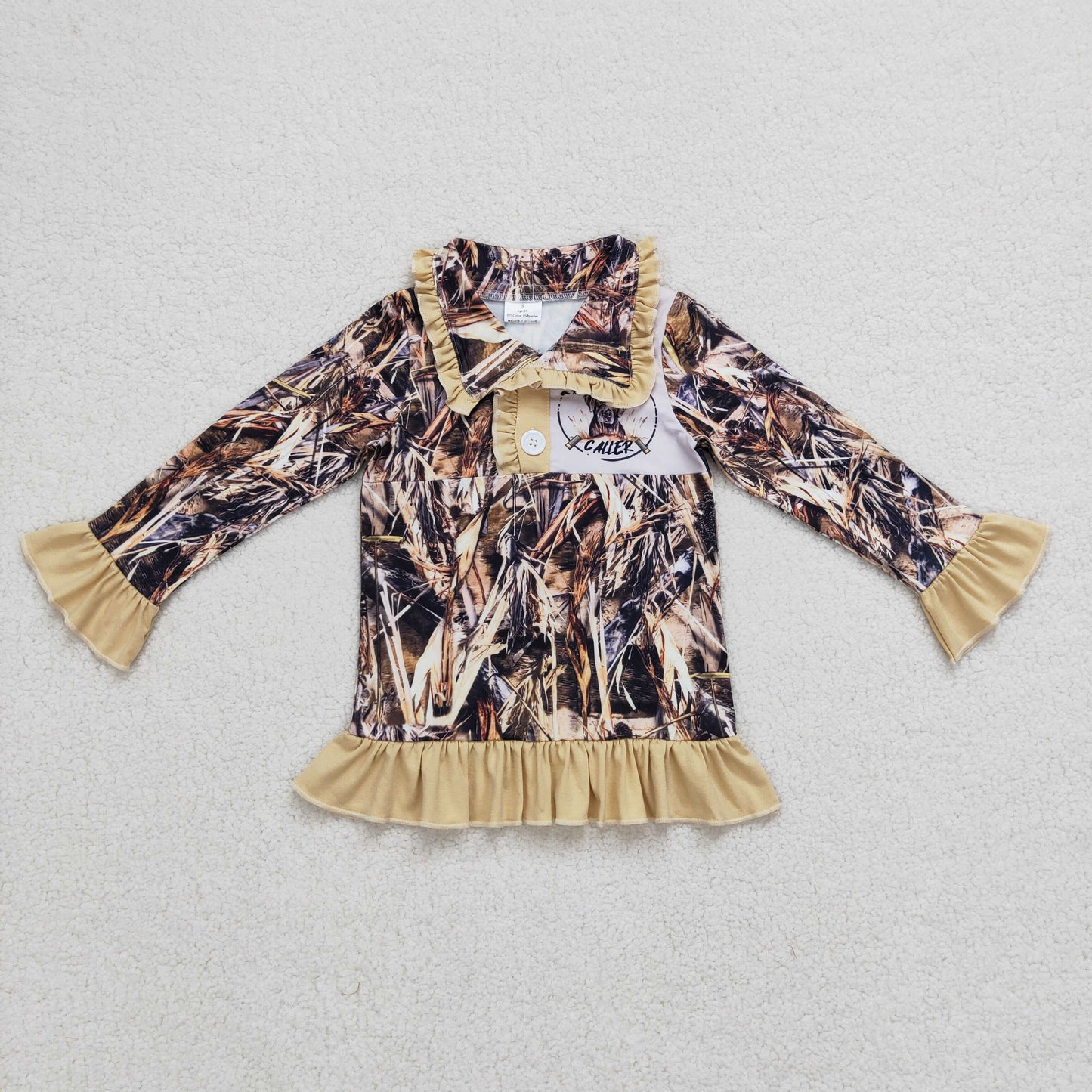 GT0313 Brown Camo Duck Girls Long Sleeve Top Collar Polo Pullover T-Shirts