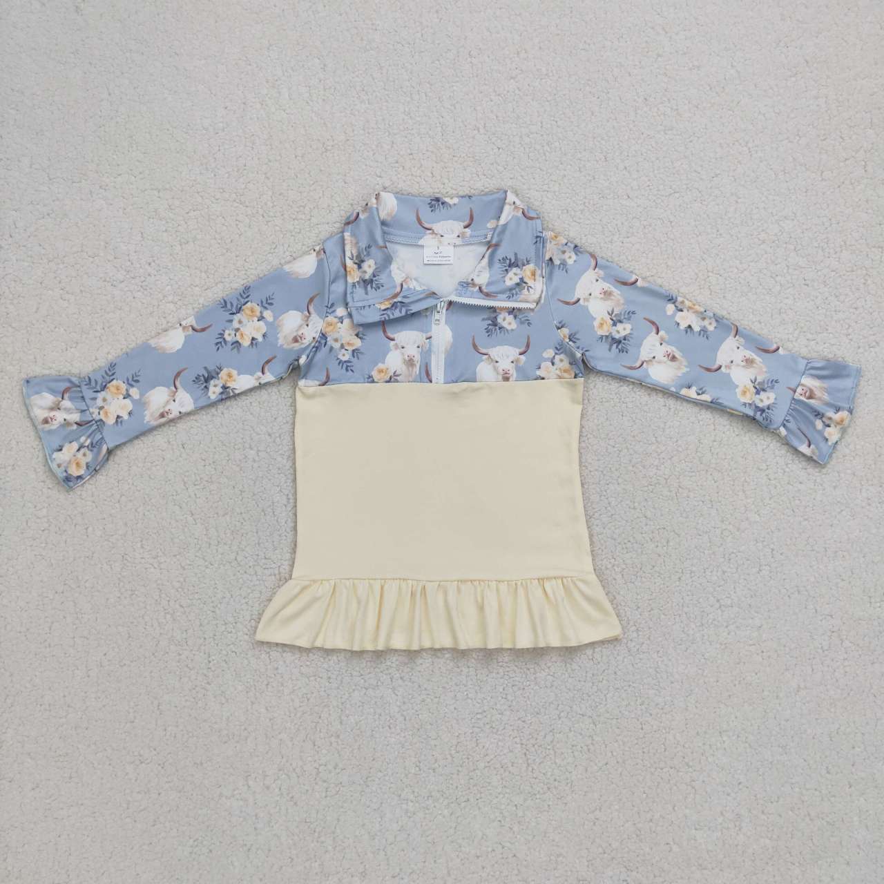 GT0301 Blue Floral Goat Girls Long Sleeve Top Collar Polo Pullover T-Shirts