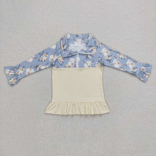 GT0301 Blue Floral Goat Girls Long Sleeve Top Collar Polo Pullover T-Shirts