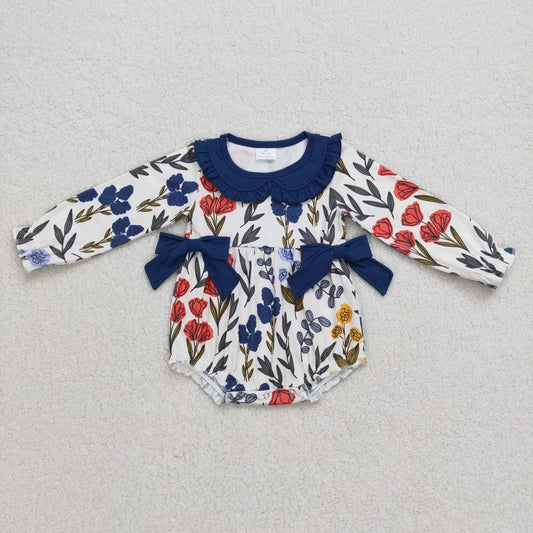 LR0697 Blue Red Floral Girls Long Sleeve Romper