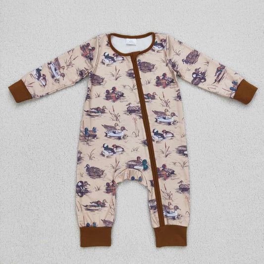 LR0667 Brown Duck Zipper Girls Long Sleeve Romper