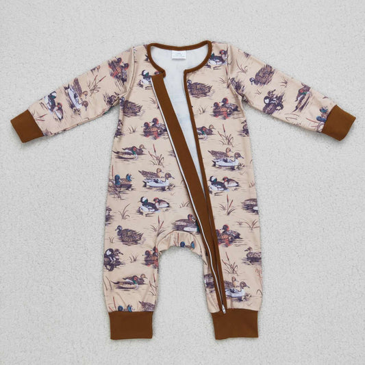LR0667 Brown Duck Zipper Girls Long Sleeve Romper