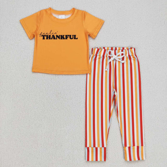 BSPO0167 Thanksgiving Turkey Orange Thankful   Boys Short Sleeve Pants Outfits